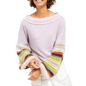 Free People Cha Cha Lilac Top With Stripe Knit Sleeves Women’s Size Small